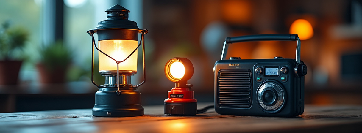 Kurbelradio, Laterne und Stirnlampe für Licht und Kommunikation beim Stromausfall